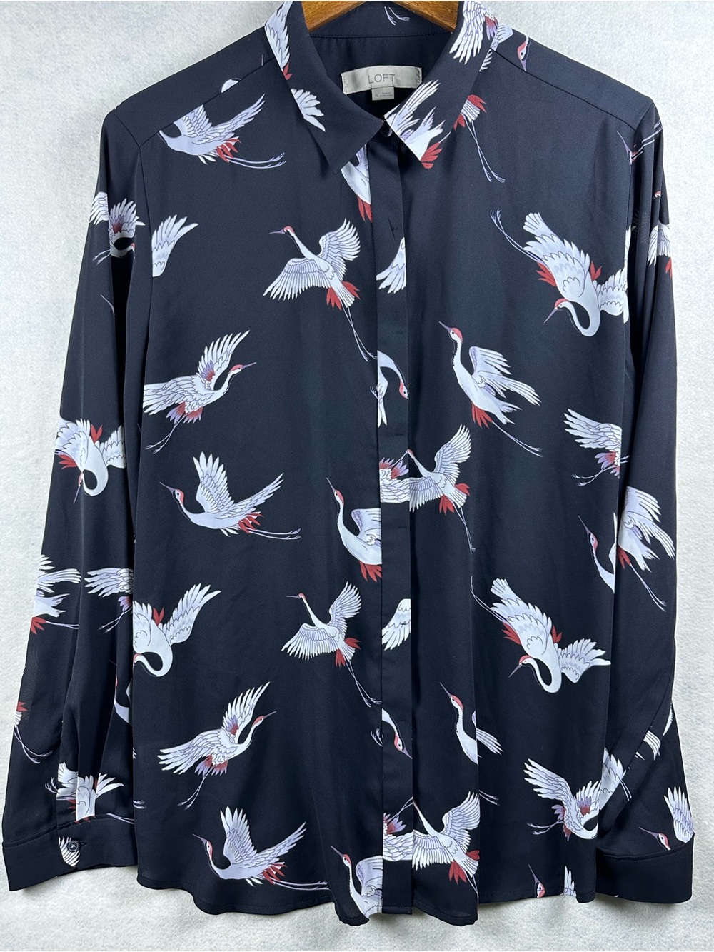 LOFT Crane Print Blouse XL Black Silky Button Front Top